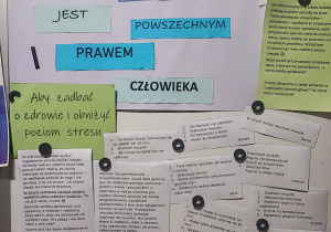 Plansza informacyjna na temat Dnia Zdrowia Psychicznego oraz karti z zapisanymi pomysłami radzenia sobie ze stresem uczniów klasy 8.