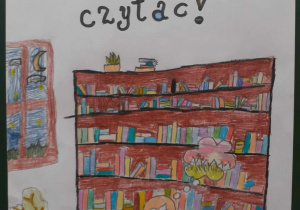 Na zdjęciu plakat z hasłem akcji "Noc Bibliotek 2023", który wykonał jeden z uczniów.