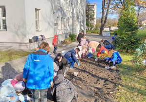 Na zdjęciu uczniowie wraz z rodzicami sadzą tulipany.