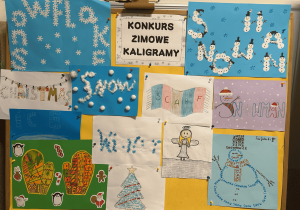 Zdjęcie przedstawia prace uczniów w konkursie "Kaligramy-zima".