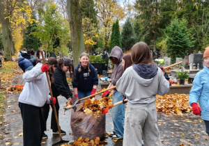Na zdjęciu uczniowie klas 7 podczas akcji sprzątania cmentarza.