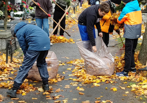 Na zdjęciu uczniowie klas 7 podczas akcji sprzątania cmentarza.