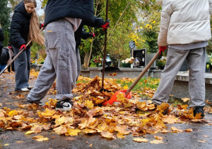 Na zdjęciu uczniowie klas 7 podczas akcji sprzątania cmentarza.