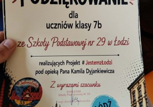 Na zdjęciu podziękowanie dla klasy 7b.