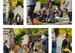 Uczniowie klas 8 podczas porządkowania grobu rodziny Gojżewskich na Starym Cmentarzu.