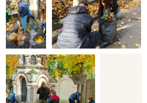 Uczniowie klas 8 podczas porządkowania grobu rodziny Gojżewskich na Starym Cmentarzu.